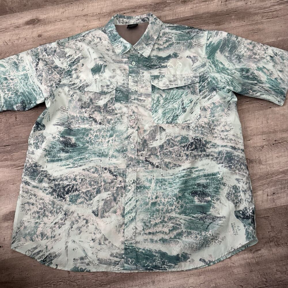 Realtree Fishing Shirt Mens XXL Green Vented Lightweight Pockets Short Sleeve